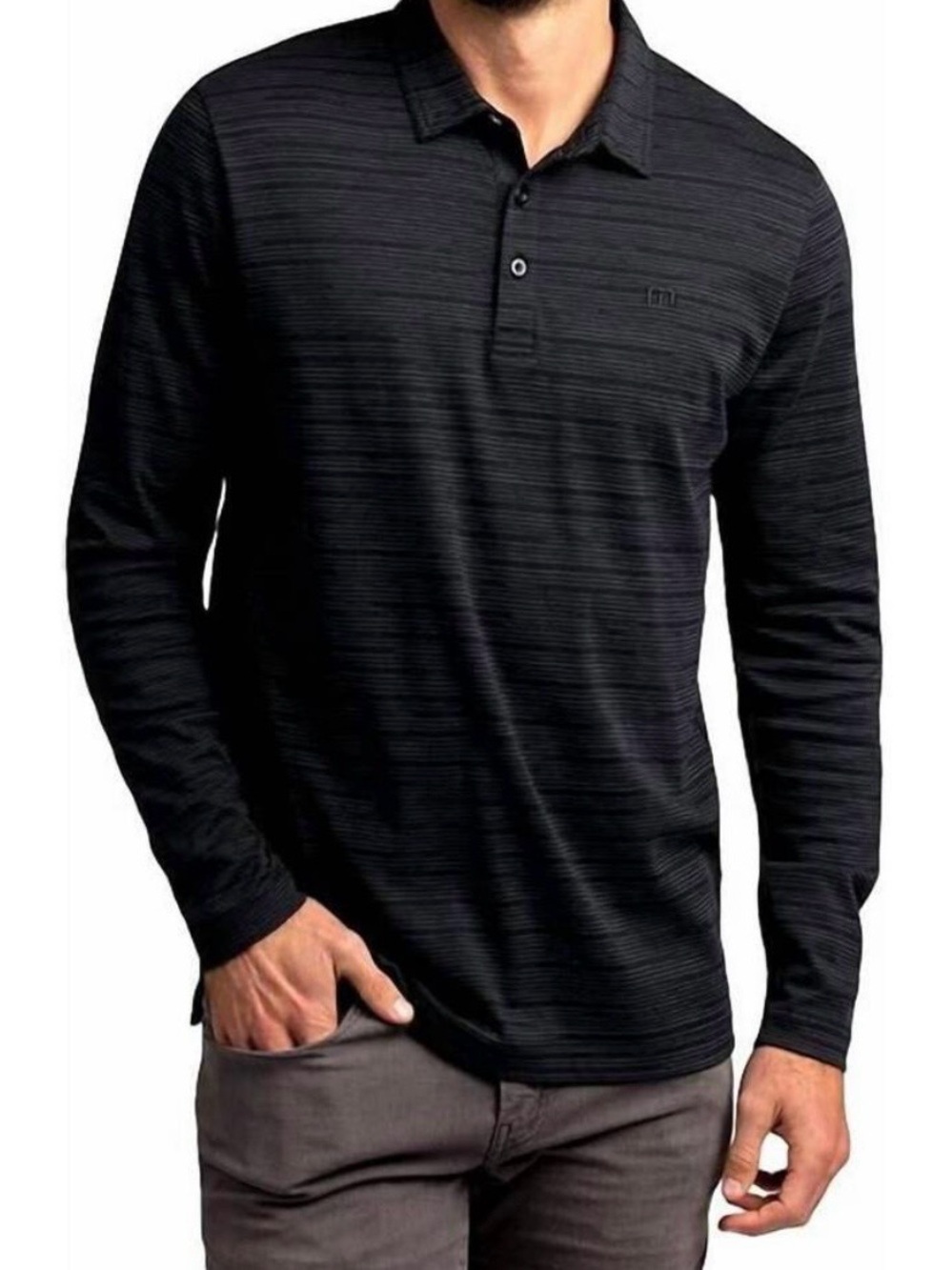 TravisMathew Long Sleeve Polo Shirt Mens Large L/XL Black Striped Pima Cotton